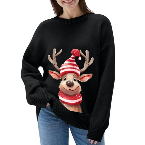 Luwomo Womens' Sweaters for Christmas Festive Knit Pullover Cozy Santa Deer Print Soft Yarn Holiday Wear Long Sleeve Turtleneck Winter Elegant Design Regular Tops,Z3 Black,4XL
