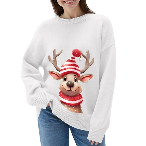 Luwomo Womens' Sweaters for Christmas Festive Knit Pullover Cozy Santa Deer Print Soft Yarn Holiday Wear Long Sleeve Turtleneck Winter Elegant Design Regular Tops,Z3 White,4XL