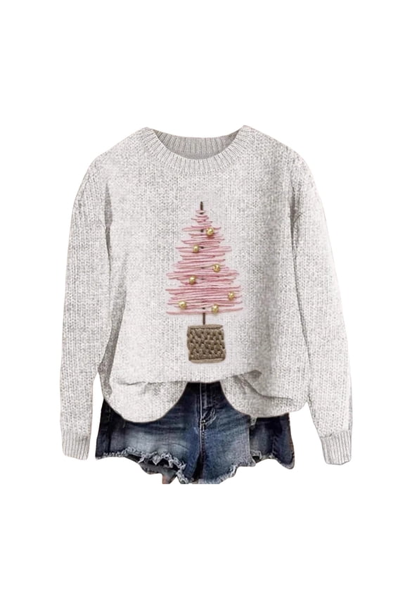 Womens' Sweatshirts 2025 Casual Tops Christmas 3D Santa Trees Print Round Neck Long Sleeve Street Trend Thick Blouses,Z1 Pink,M