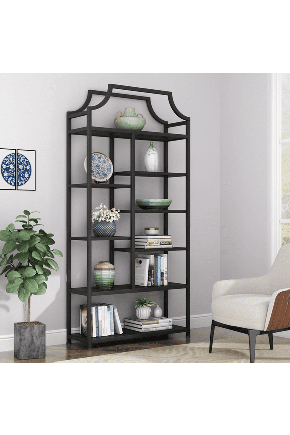Lux 8-Tier Open Etagere Bookcase, Tall Freestanding Storage Display Shelf with Sturdy Black Metal Frame for Multi-Scenario Home Use