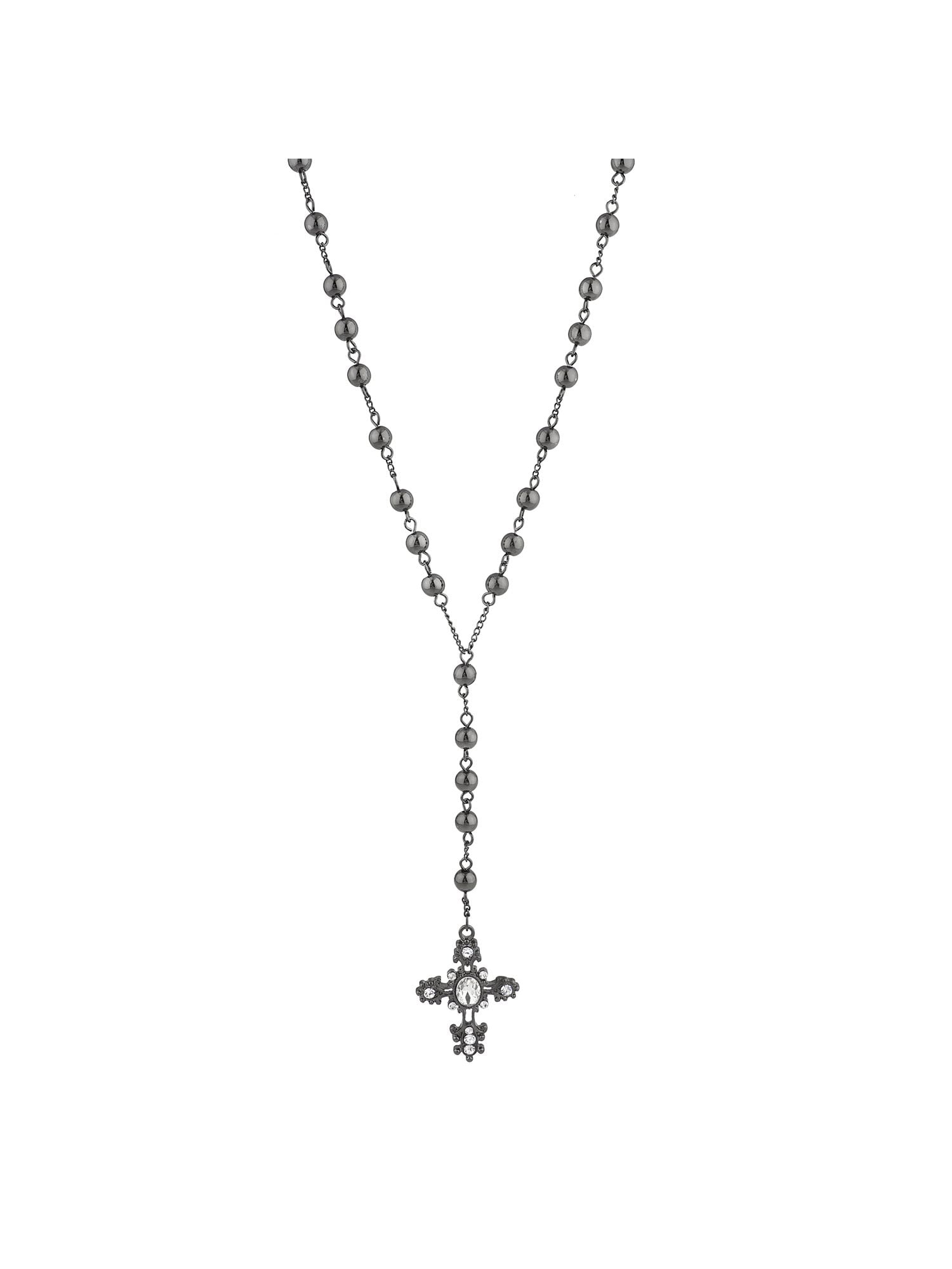 Lux Accessories Black Rosary Beads Cross Crystal Rhinestones Chain 