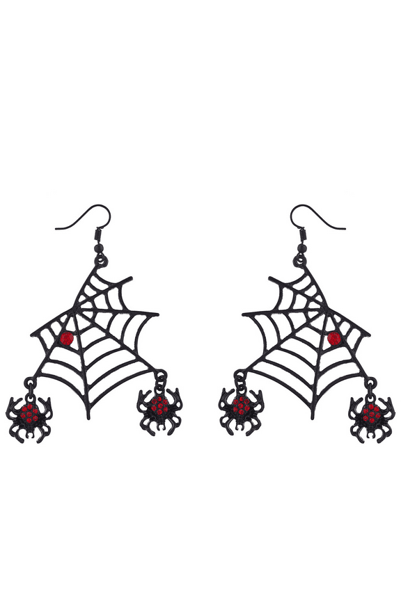 Black Spider Web DanglingRed Rhinestone Halloween Earrings
