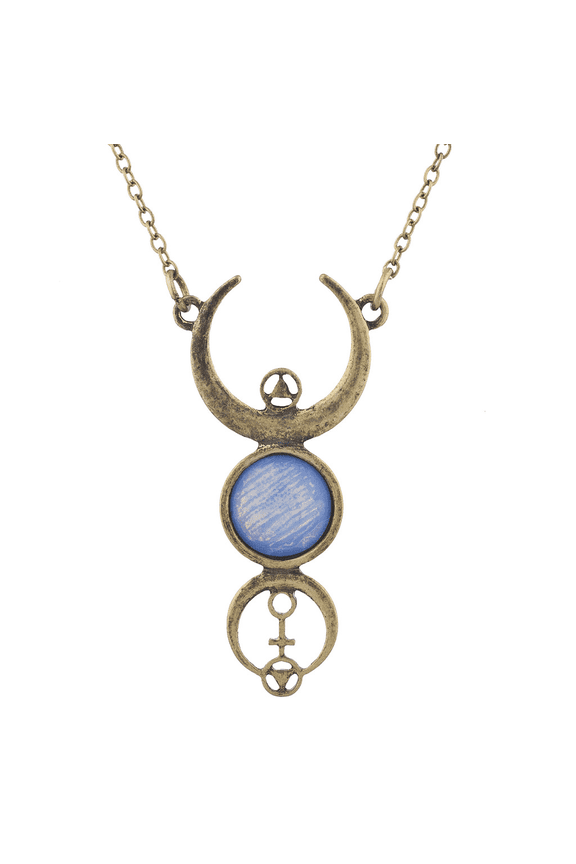 Burnished Faux White Opal Moon Phase Wiccan Pendant Necklace