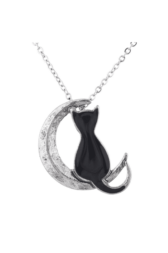 Burnished Silver Tone Black Cat Crescent Moon Pendant Necklace