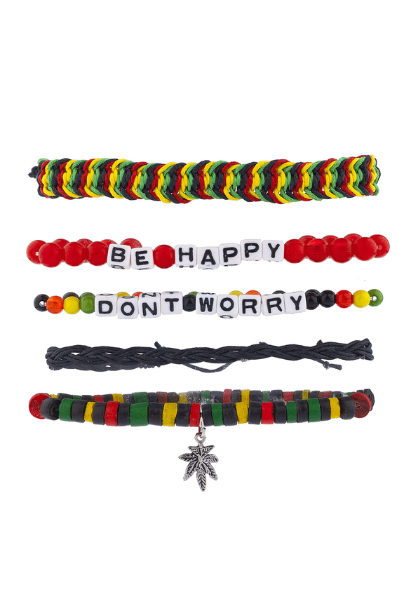 Dont Worry Be Happy Rasta Weed Arm Candy Bracelet Set (5PCS)