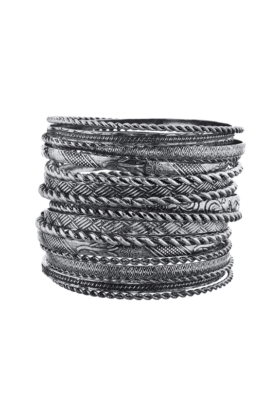 Flower Mixed Metal Aztec Multi Bangle Set Burnish Silver