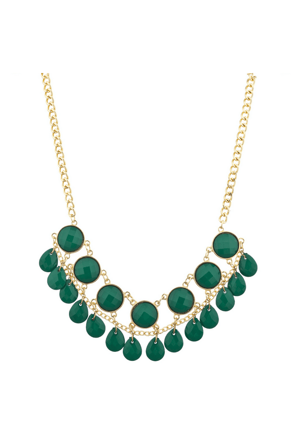 Gold Tone And Green Cirlcle Teardrop Stone Statement Necklace