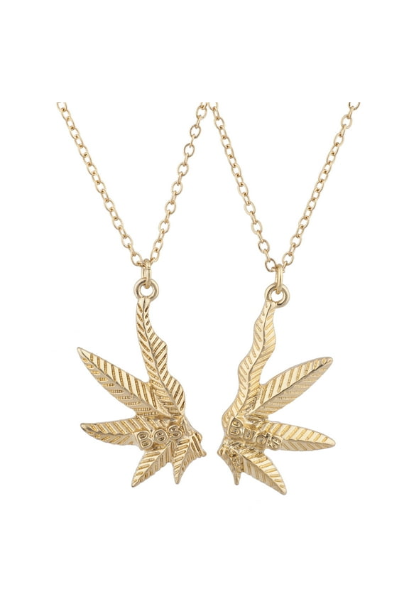 Gold Tone Best Buds BFF Friends Marijuana Weed Necklace Set 2PC