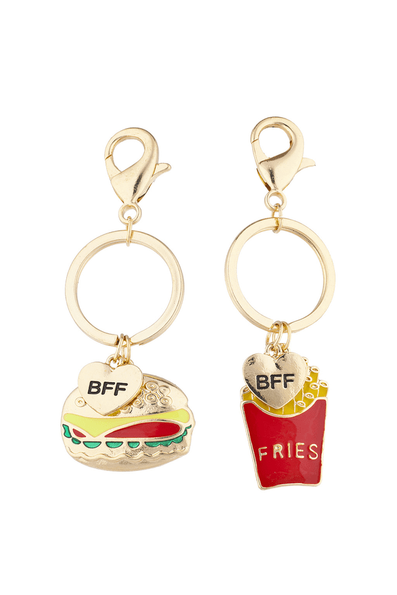 Gold Tone Burgers Fries Best Friends BFF Charm Keychain Set
