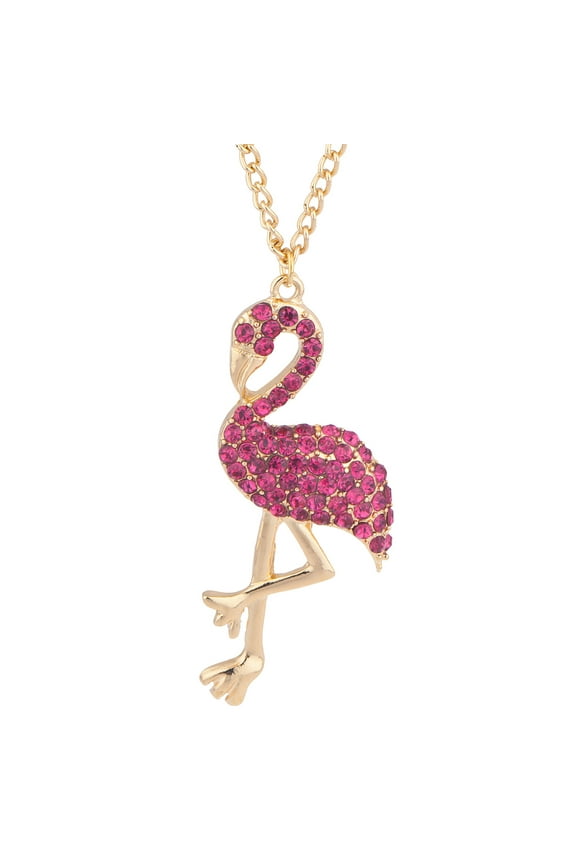 Gold Tone Flamingo Inspired Pink Rhinestones Pendant Necklace