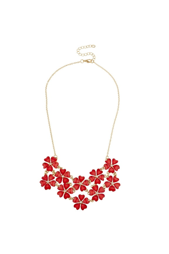 Gold Tone Red Floral Multi Flower Holiday Statement Bib Necklace