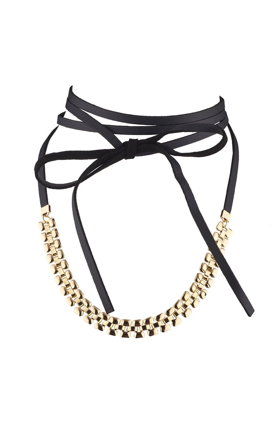 Gold Tone Textured Chain Black Faux Pu Leather Wrap Choker