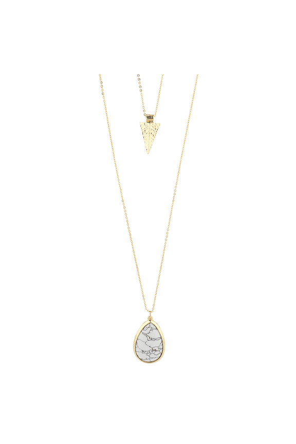 Goldtone Multi Layer White Marble Stone Spear Pendant Necklace