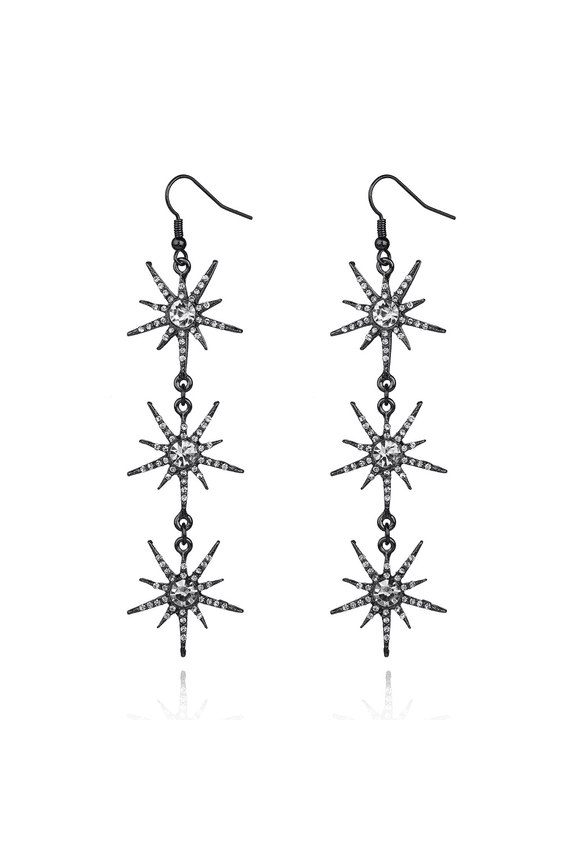 Hematite Crystal Rhinestone Three Tier Starburst Dangle Earrings