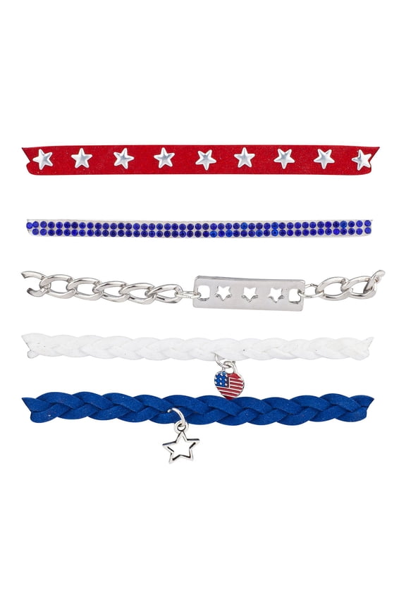 Red Blue White Star Silver Tone Chain Braid Multistrand Bracelet