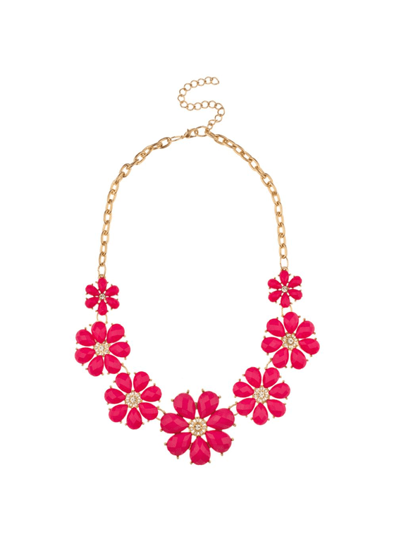 Red Fuschia Pave Flower Bib Statement Floral Chain Necklace