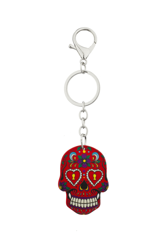 Red Sugar Skull Rose Keychain Key Ring