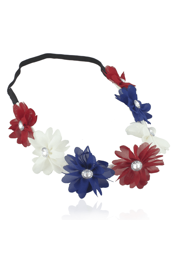 Red White Blue American Flag 4th Of July Independence Floral Flower Stretch Crystal Headband Head Band