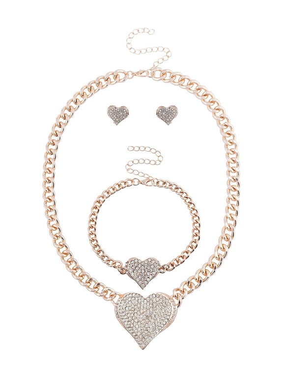 Rosegold Heart Shaped Crystal Rhinestones Earrings Jewelry Set