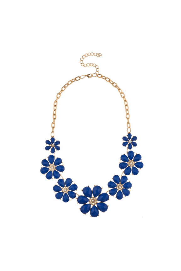 Royal Blue Pave Flower Bib Statement Floral Chain Necklace