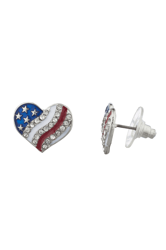 Silver Tone Americana American Flag Pave Heart Stud Earrings