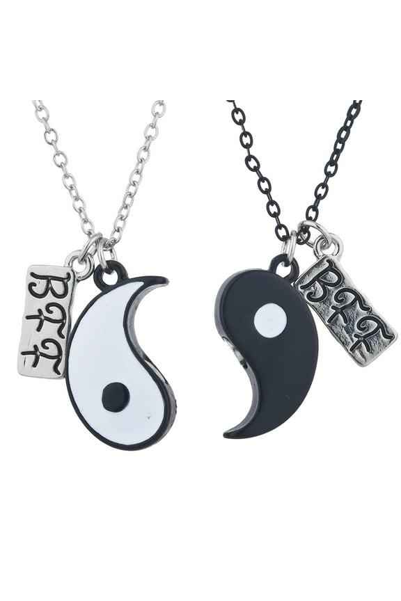 Silver Tone Black White Yin Yang BFF Engraved Couple Necklace