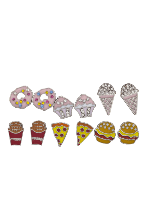 Silver Tone Desserts and Junk Food Novelty Multi Earring Set 6PC