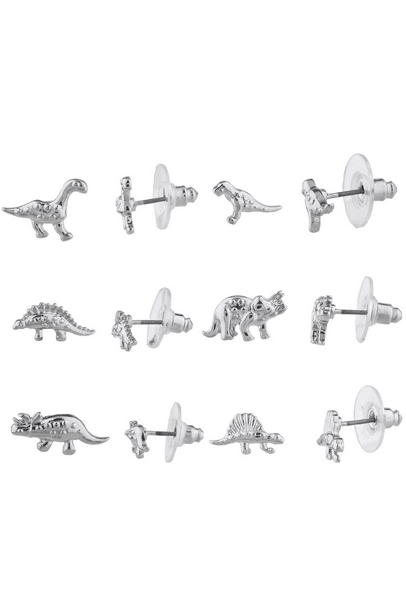 Silver Tone Dinosaur Jurassic Park T Rex Stud Earring Set 6 prs