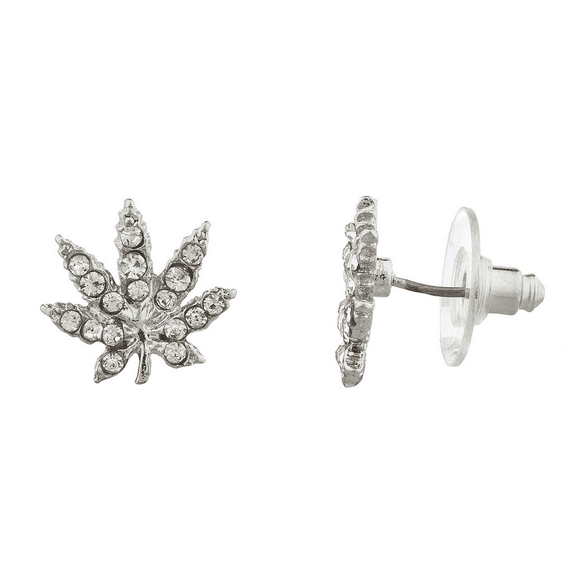 Lux Accessories Silver Tone Pave Weed Leaf Marijuana Smoke Stud Earrings