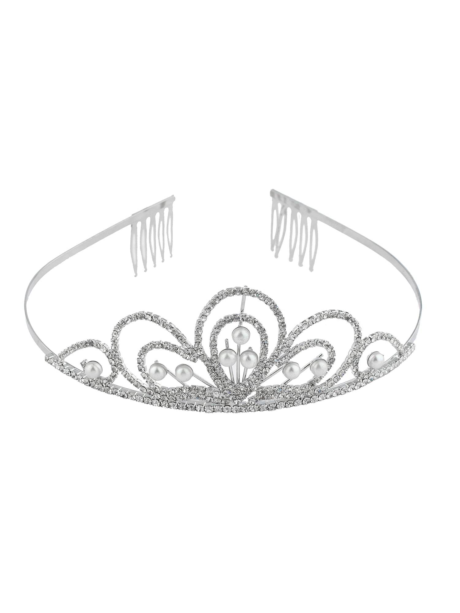Lux Accessories Silver Tone Princess Tiara Pearls Crystal 