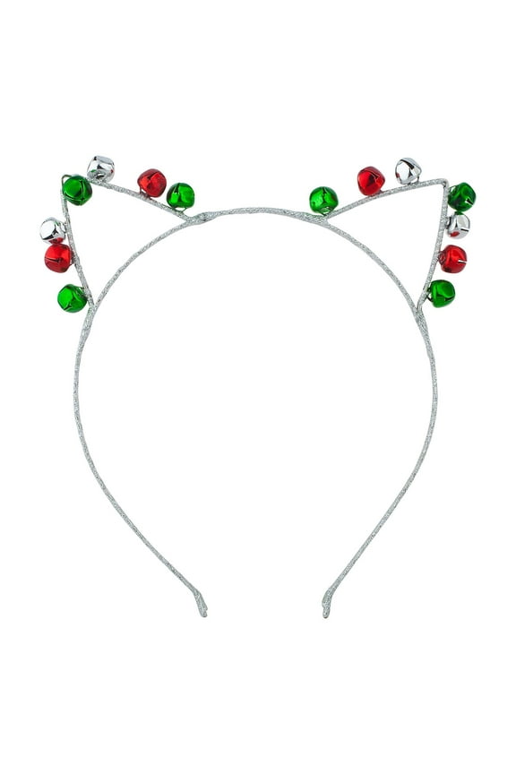 Silver Tone Red Green Bells Cat Ears Christmas Holiday Headband