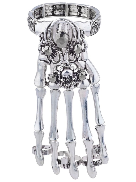 Silver Tone Skeletal Skull Cool Punk Rock Hand Ring Bracelet