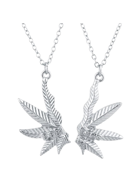 SilverTone Best Buds BFF Friends Marijuana Weed Necklace Set 2PC