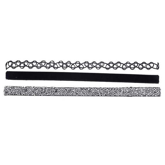 Lux Accessories Tattoo Black Velvet Suede Silver Studded Stone Choker Set 3Pcs