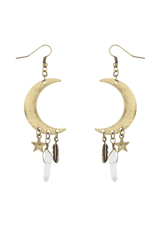burnished Gold Celestial Cresent Moon Star Charm Dangle Earrings
