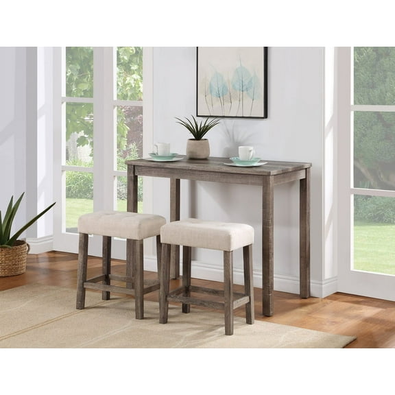 Lux Brown 3 Piece Counter Height 42"W Pub Table Set with Tufted Creamy White Linen Stools