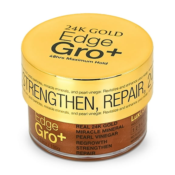 Edge Lux Edge Gro+ Real 24K Gold Repairing Edge Control Gel with Castor Oil, Biotin, Miracle Mineral, and Pearl Powder - Strengthening Hair Gel for All Hair Types, 3.53 Ounce
