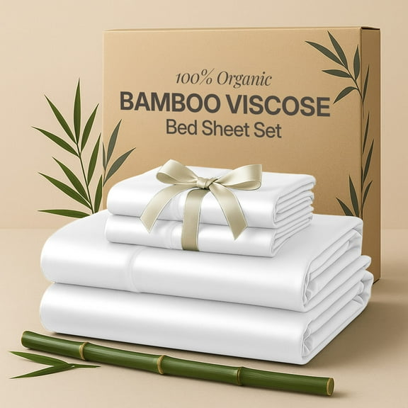 Lux Decor 100% Organic Viscose from Bamboo Queen Sheets Set - 4 Piece Ultra-Soft Luxury Cooling Bed Sheets, 16" Deep Pocket, Breathable & Hypoallergenic - White
