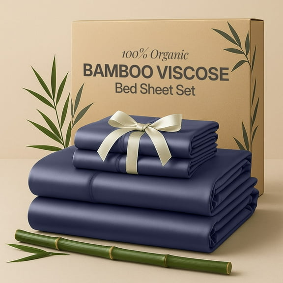 Lux Decor 100% Organic Viscose from Bamboo Sheets Set Queen - 4 Piece Ultra-Soft Luxury Cooling Bed Sheets, 16" Deep Pocket, Breathable & Hypoallergenic - Navy Blue
