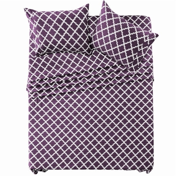 Lux Decor Full Size Bed Sheet Set 4 Piece, Soft Microfiber, Deep Pockets - Quatrefoil Pattern, 1 Fitted & 1 Flat Sheet, 2 Pillowcases, Purple
