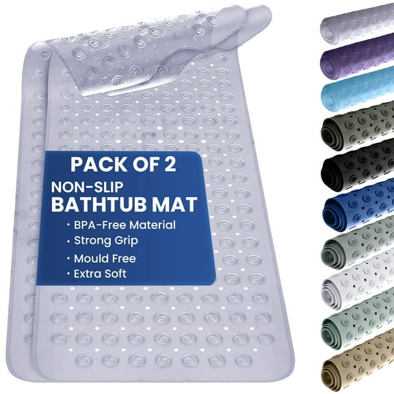 Lux Decor 2 Pack Extra Long Bath Mat for Tub 40x16 Inch - Shower Mat with 200 Suction Cups and 176 Drain Holes, Machine Washable Bathtub Mat Non Slip - Clear White