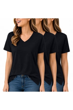 Lux Decor 3 Pack Women's V Neck T Shirt Short Sleeve Casual Tops Soft Stretch Tunic Top Loose Fit Fashion Tee for Leggings Work Travel Summer Everyday Wear - All Black - Large