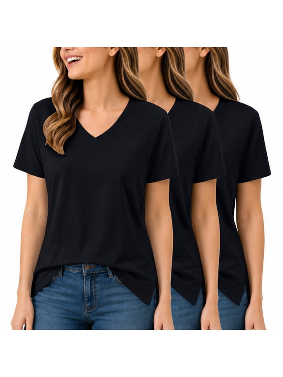 Lux Decor 3 Pack Women's V Neck T Shirt Short Sleeve Casual Tops Soft Stretch Tunic Top Loose Fit Fashion Tee for Leggings Work Travel Summer Everyday Wear - All Black - Large