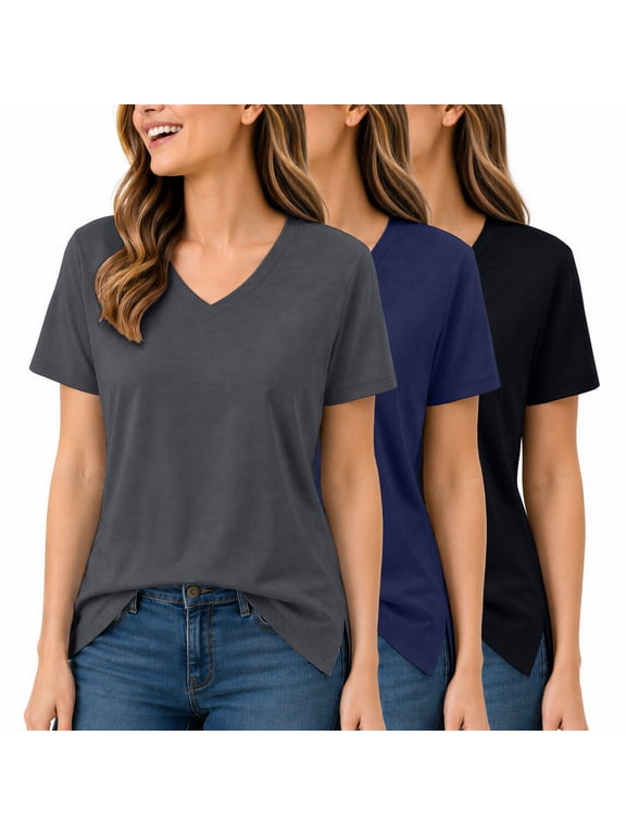Lux Decor 3 Pack Women's V Neck T Shirt Short Sleeve Casual Tops Soft Stretch Tunic Top Loose Fit Fashion Tee for Leggings Work Travel Summer Everyday Wear - Black+Navy Blue+Dark Grey - Large