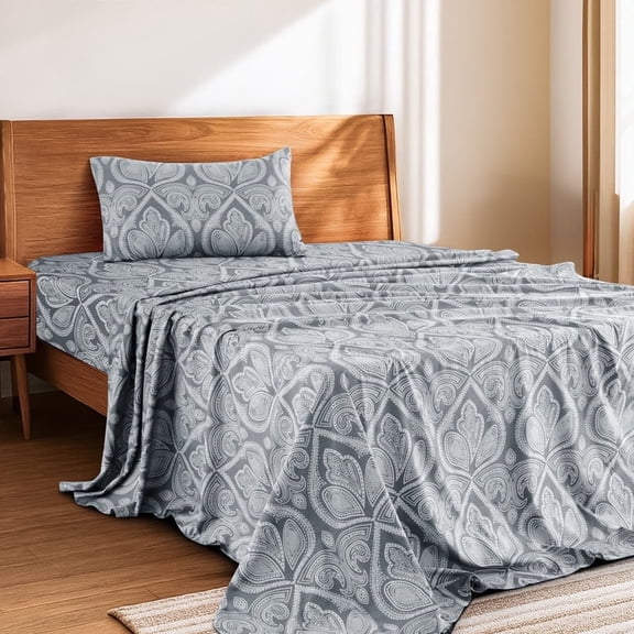 Lux Decor 3 Piece Twin Sheet Set, Brushed Microfiber Paisley Printed Bed Sheet Set with up to 16" Deep Pocket Fitted Sheet, Flat Sheet & Pillowcase - Easy Care (Grey)