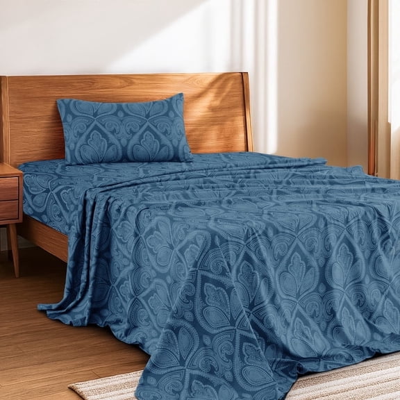 Lux Decor 3 Piece Twin Sheet Set, Brushed Microfiber Paisley Printed Bed Sheet Set with up to 16" Deep Pocket Fitted Sheet, Flat Sheet & Pillowcase - Easy Care (Navy Blue)