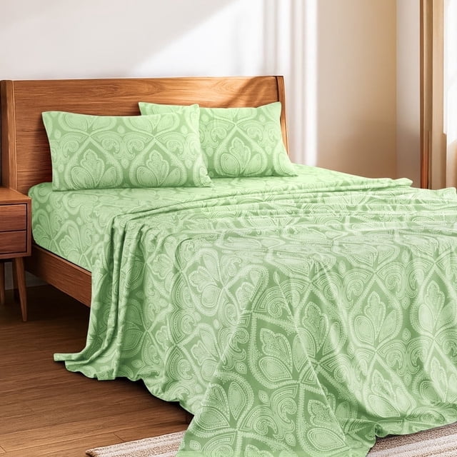 Lux Decor 4 Piece Full Sheet Set, Brushed Microfiber Paisley Printed Bed Sheet Set with up to 16" Deep Pocket Fitted Sheet, Flat Sheet & 2 Pillowcases - Easy Care (Sage)