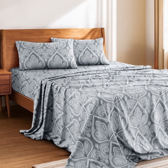 Lux Decor 4 Piece King Sheet Set, Brushed Microfiber Paisley Printed Bed Sheet Set with up to 16" Deep Pocket Fitted Sheet, Flat Sheet & 2 Pillowcases - Easy Care (Grey)