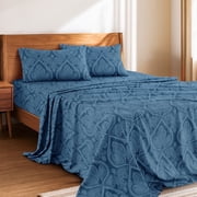 Lux Decor 4 Piece Queen Sheet Set, Brushed Microfiber Paisley Printed Bed Sheet Set with up to 16 Deep Pocket Fitted Sheet, Flat Sheet & 2 Pillowcases - Easy Care Navy Blue