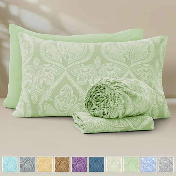 Lux Decor 4-Piece Twin Bed Sheet Sets – Ultra-Soft Microfiber, Paisley Print, Upto 16" Deep Pocket Fitted Sheet, Flat Sheet & 2 Pillowcases, Sage